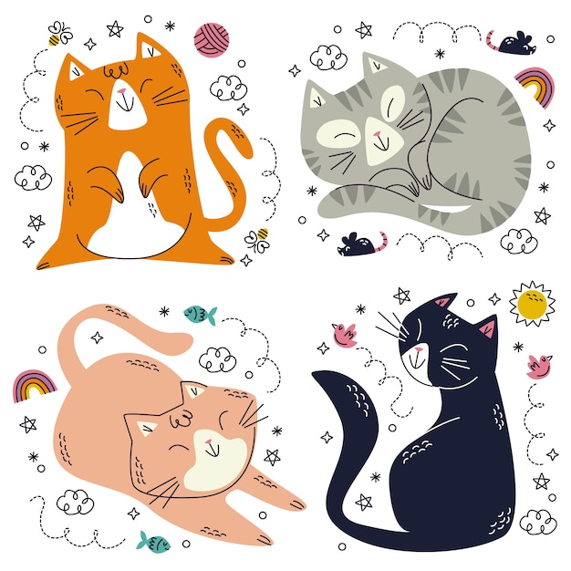 Коллекция наклеек с кошками, нарисованными вручную