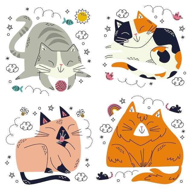 Free vector doodle hand drawn cat stickers collection