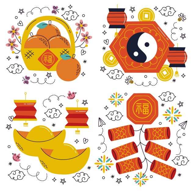 Doodle hand drawn chinese new year stickers collection