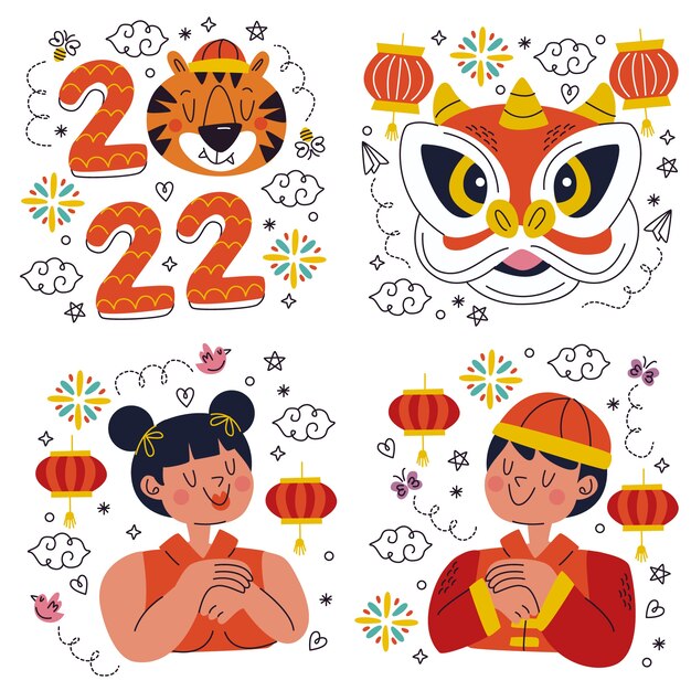 Doodle hand drawn chinese new year stickers collection