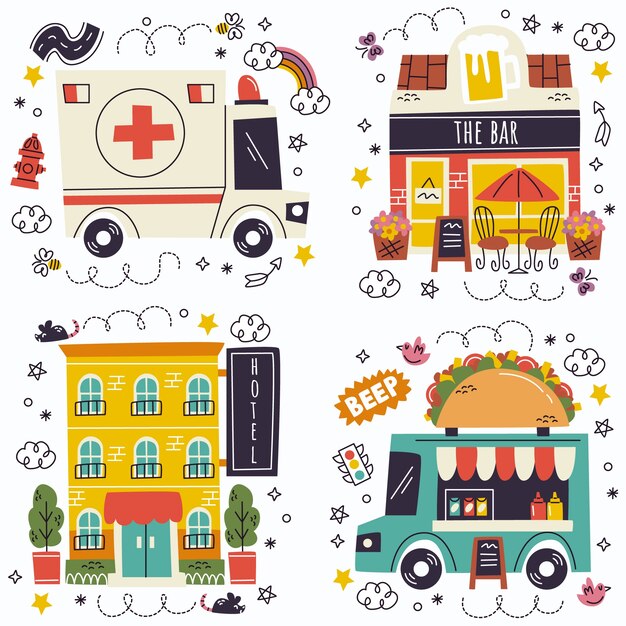 Free vector doodle hand drawn city/buildings stickers collection