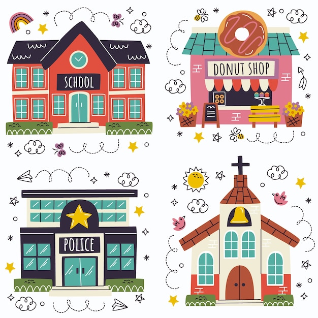 Free Vector doodle hand drawn city/buildings stickers collection