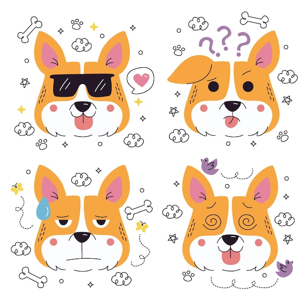 Vettore gratuito collezione di adesivi di emoticon di cani disegnati a mano di doodle