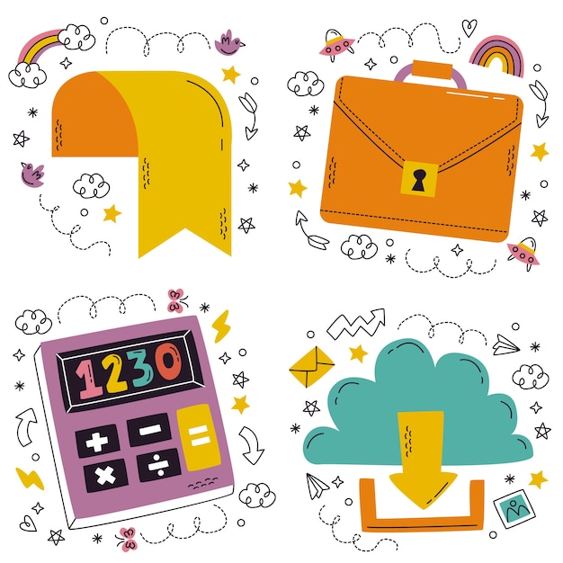 Free vector doodle hand drawn essentials stickers set