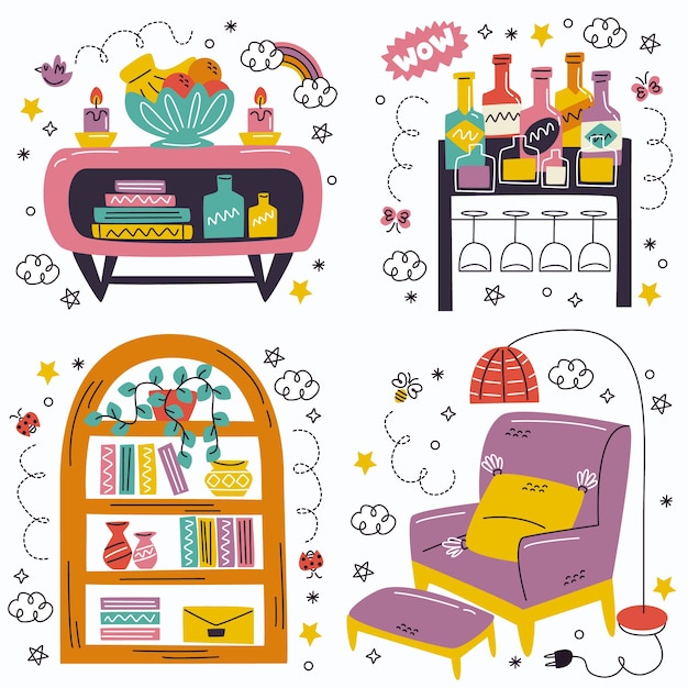 Free vector doodle hand drawn furniture and interior design stickers collection