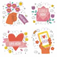 Free vector doodle hand drawn happy mothers day stickers collection