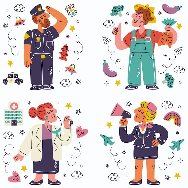 doodle hand drawn jobs stickers collection with workers