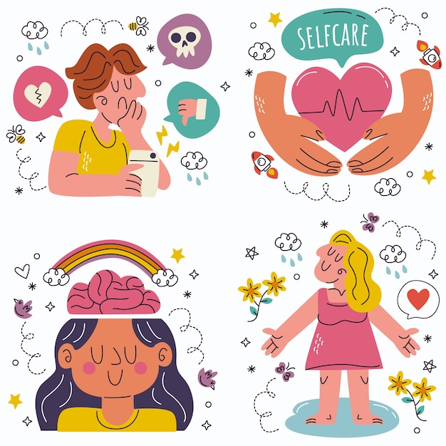 Free vector doodle hand drawn mental health stickers collection