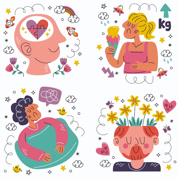 Free vector doodle hand drawn mental health stickers collection