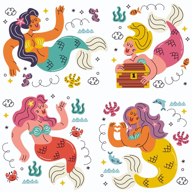 Free vector doodle hand drawn mermaids stickers