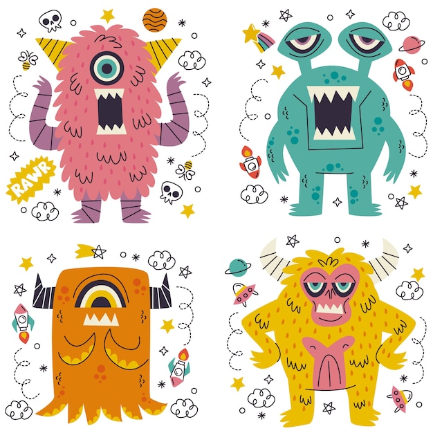 Doodle hand drawn monsters stickers collection