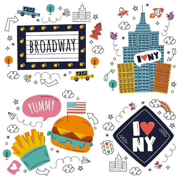 Vettore gratuito collezione di adesivi new york disegnati a mano di doodle