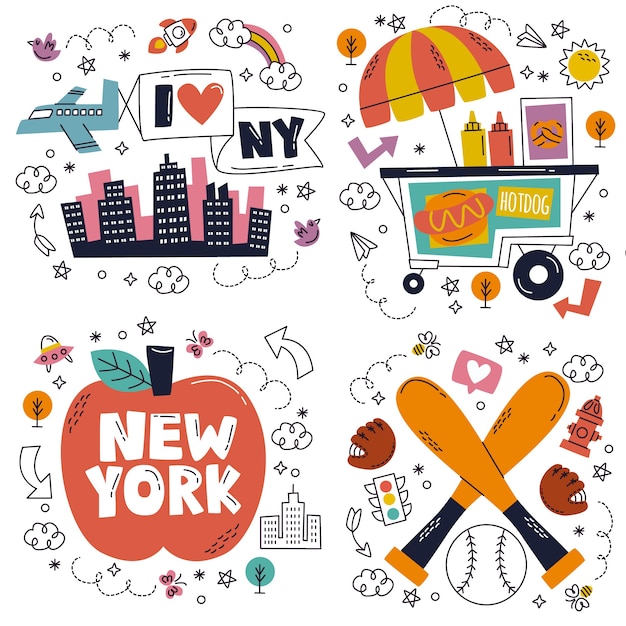 Vettore gratuito collezione di adesivi new york disegnati a mano di doodle