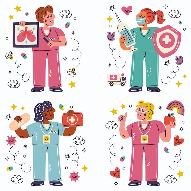 Free Vector doodle hand drawn nurses stickers collection
