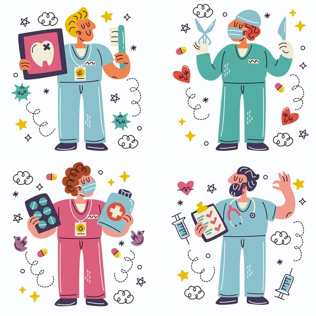 Free Vector doodle hand drawn nurses stickers collection