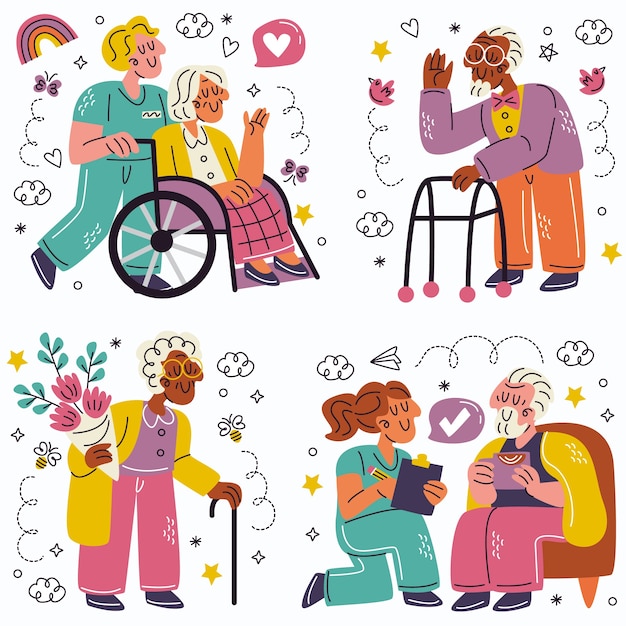 Free vector doodle hand drawn nursing home stickers collection