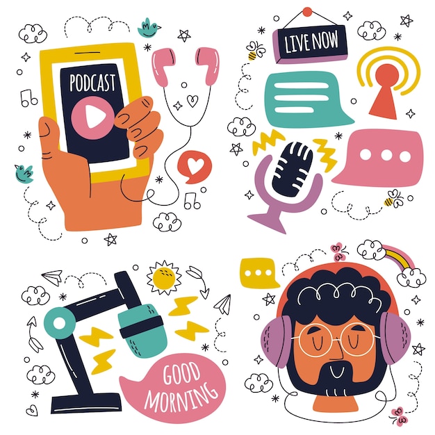 Free vector doodle hand drawn online podcast stickers