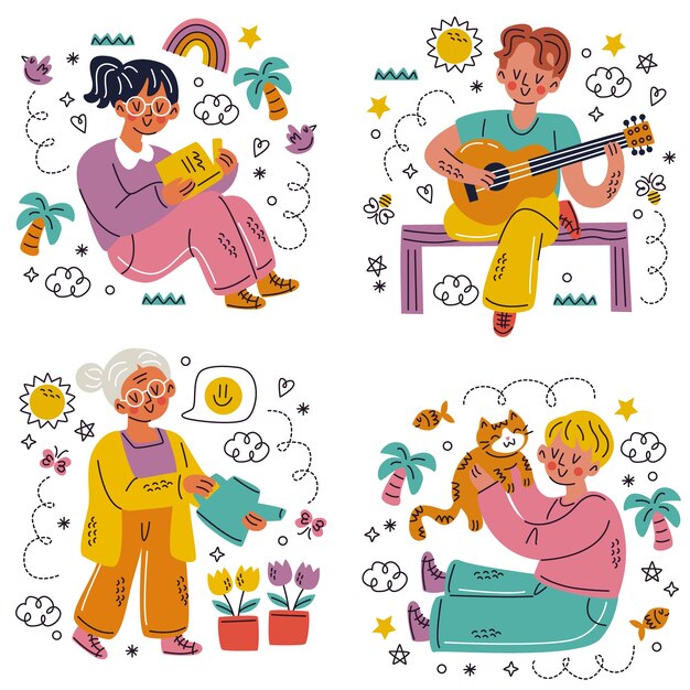 Doodle hand drawn people stickers
