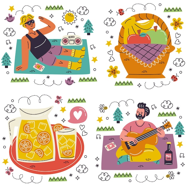 Free Vector doodle hand drawn picnic stickers collection