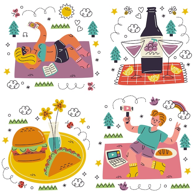 Free Vector doodle hand drawn picnic stickers collection