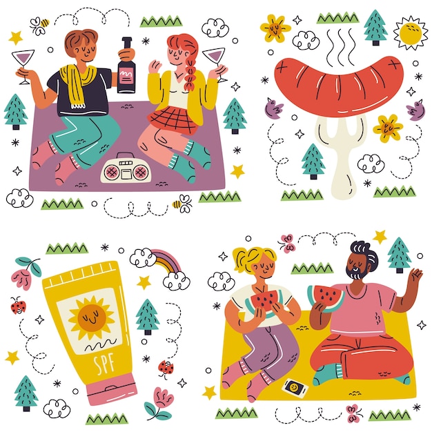 Free Vector doodle hand drawn picnic stickers collection