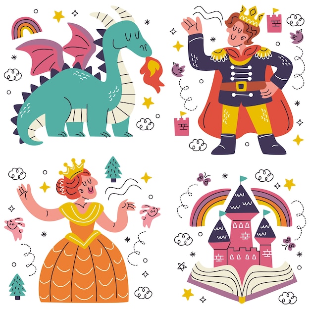 Free vector doodle hand drawn princesses and fairy tales stickers collection