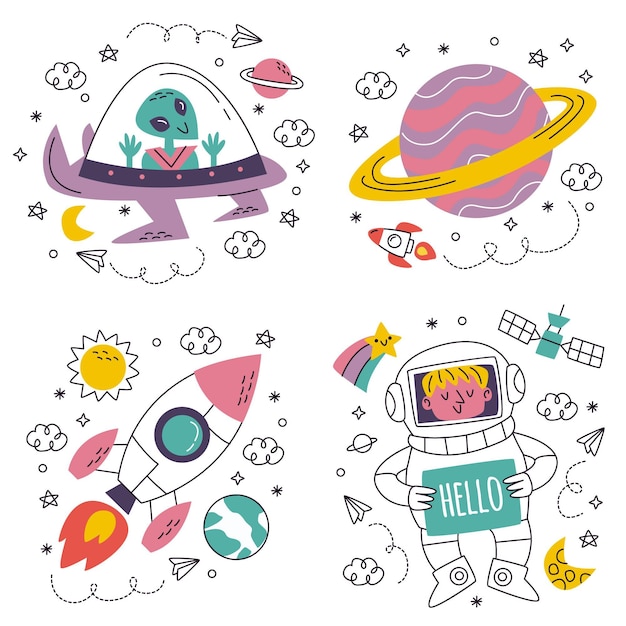 Free vector doodle hand drawn science fiction stickers