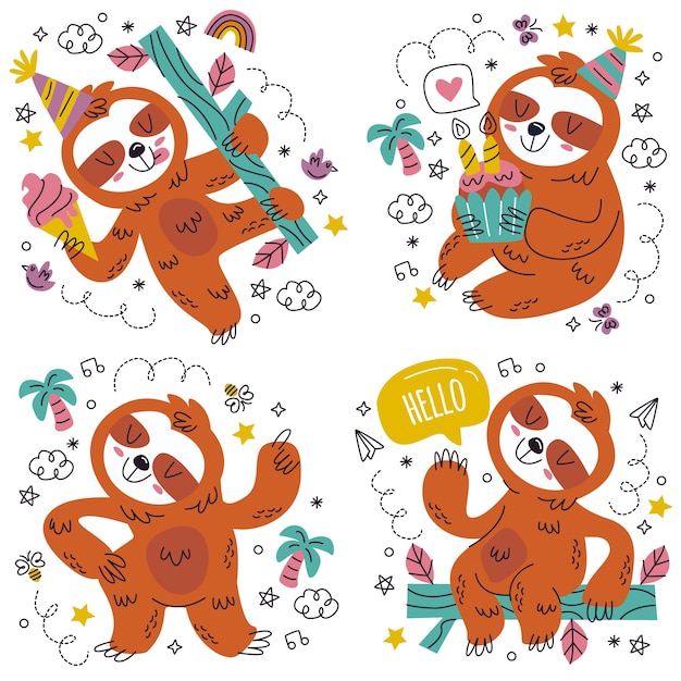 Free vector doodle hand drawn sloth stickers set
