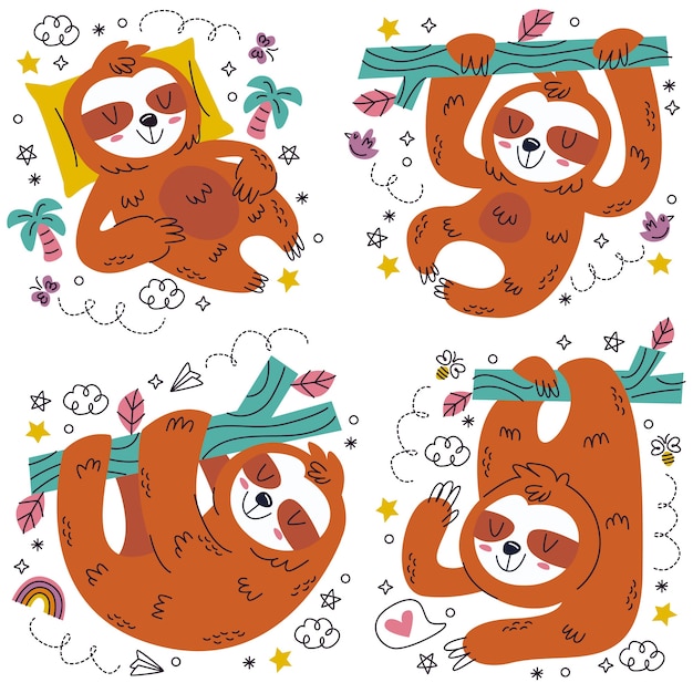 Doodle hand drawn sloth stickers set