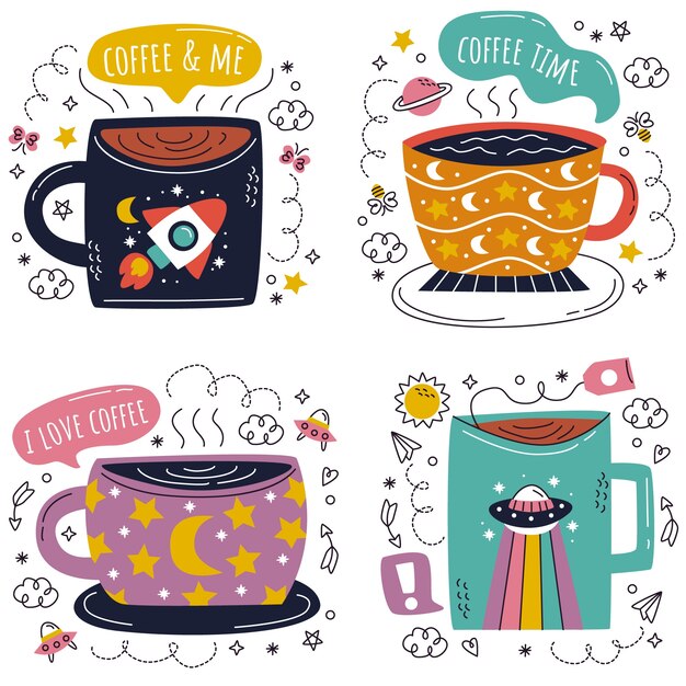 Doodle hand drawn tea coffee time stickers