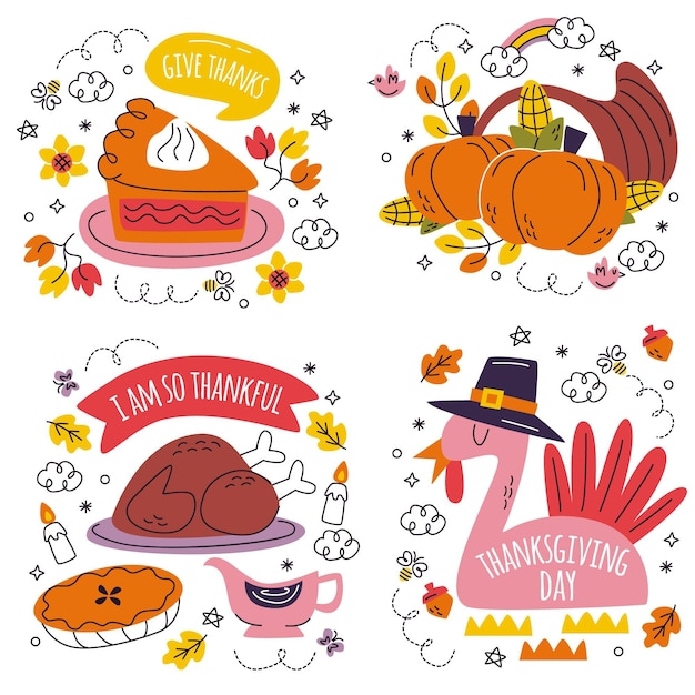 Free Vector doodle hand drawn thanksgiving stickers