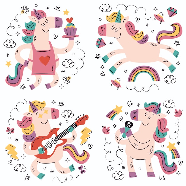 Doodle hand drawn unicorn stickers