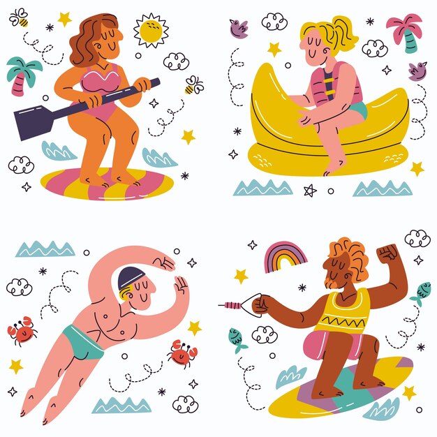 Doodle hand drawn water sports stickers collection