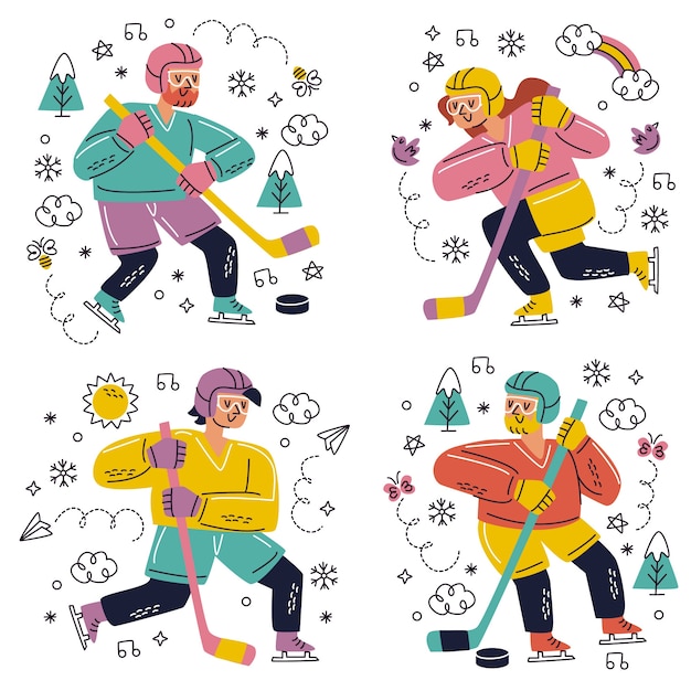 Collezione di adesivi per sport invernali disegnati a mano doodle