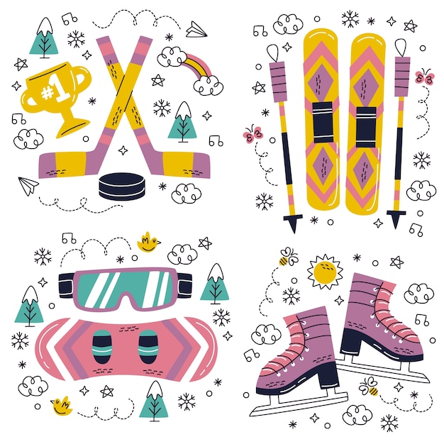 Vettore gratuito collezione di adesivi per sport invernali disegnati a mano doodle