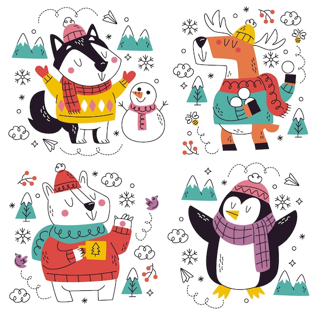 Free vector doodle hand drawn winter stickers collection