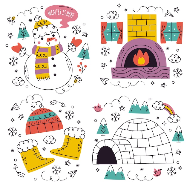 Doodle hand drawn winter stickers collection