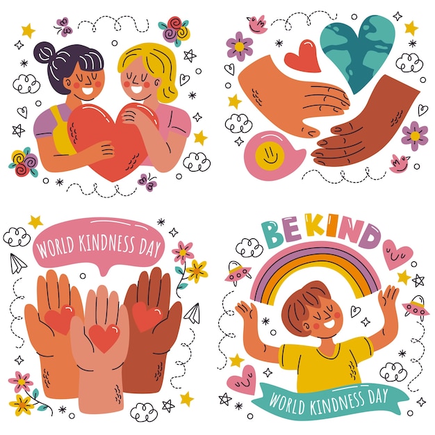 Free vector doodle hand drawn world kindness day stickers collection