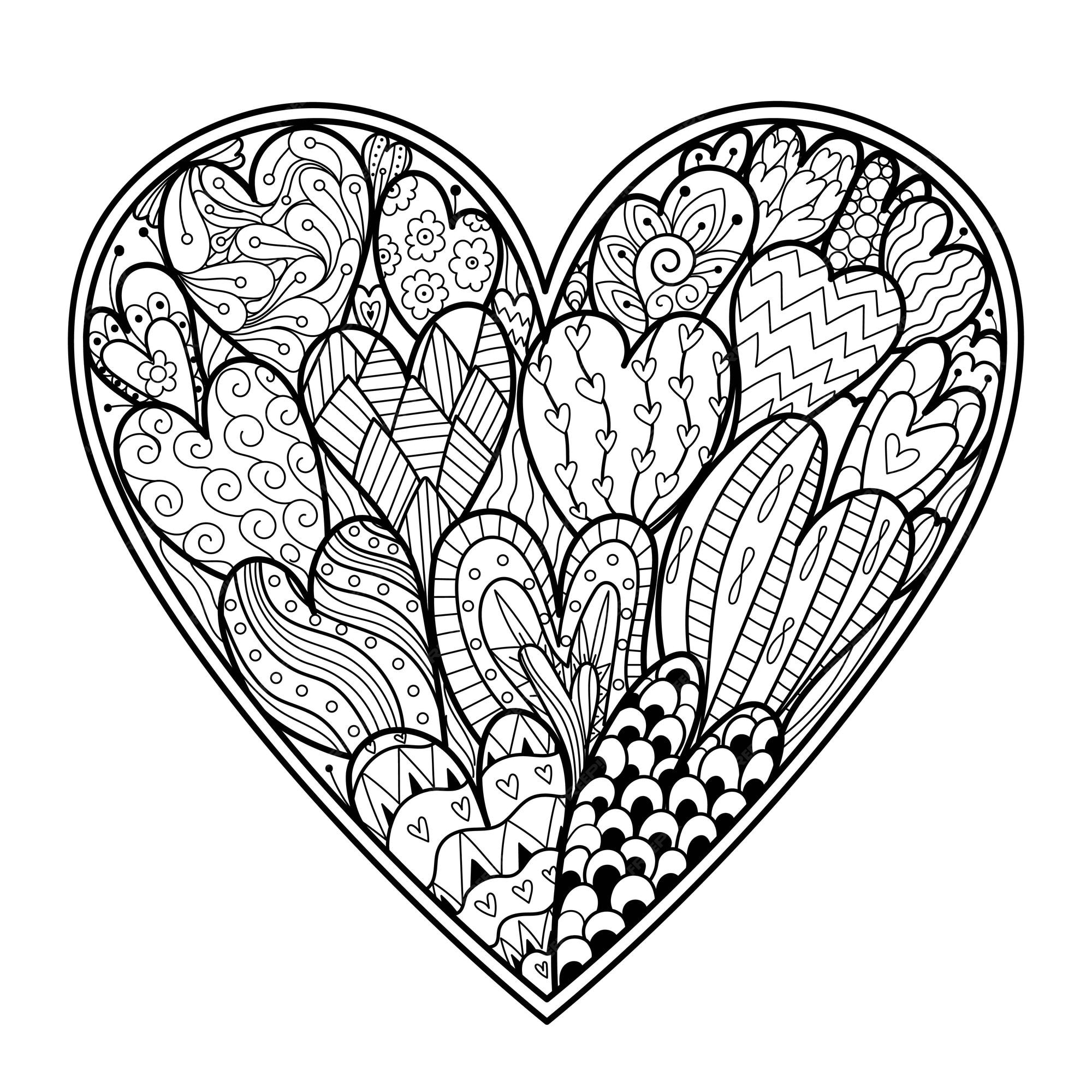 Premium Vector   Doodle heart coloring page black and white ...