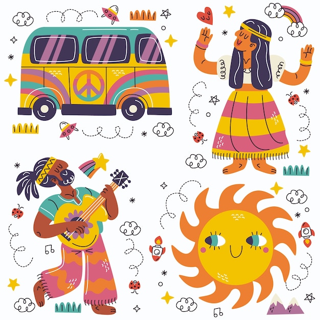 Free vector doodle hippie sticker collection