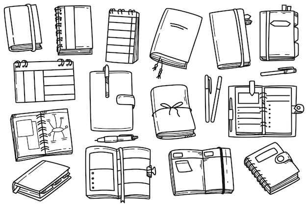 Free vector doodle illustration set of notebooks stationery and planners