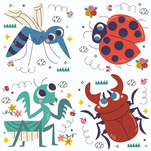 Бесплатное векторное изображение Коллекция наклейки на насекомых и жуков.