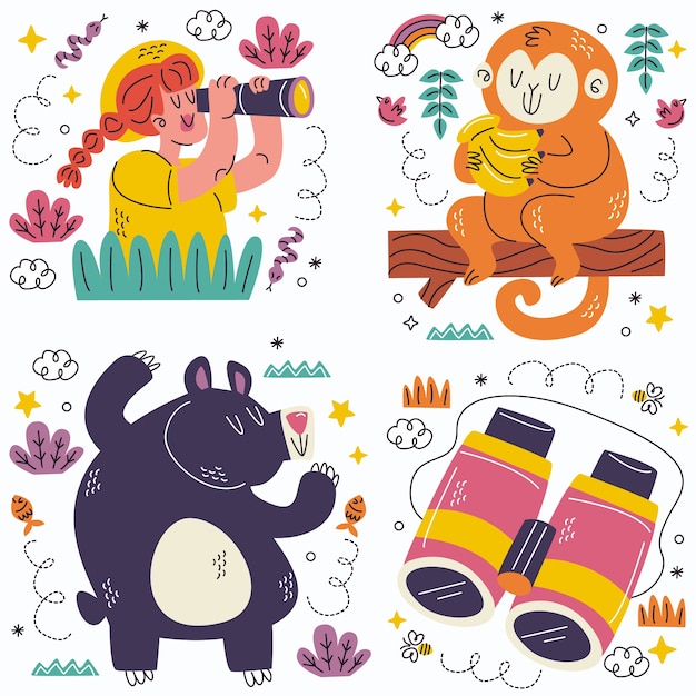 Free vector doodle jungle stickers collection