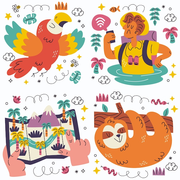 Free vector doodle jungle stickers collection