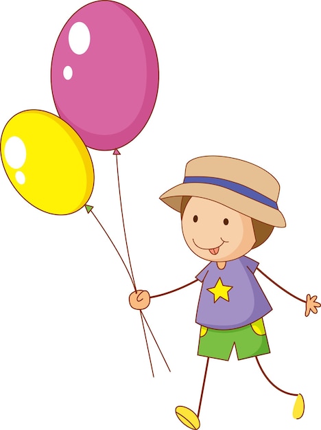 A doodle kid holding balloons cartoon character isolated