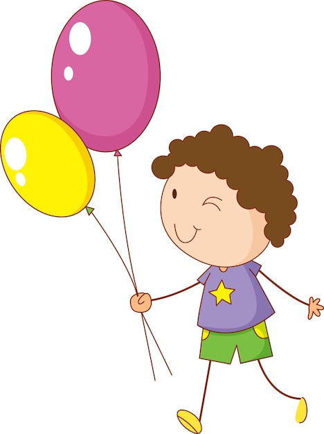 Каракули ребенок держит воздушные шары мультипликационный персонаж изолированы