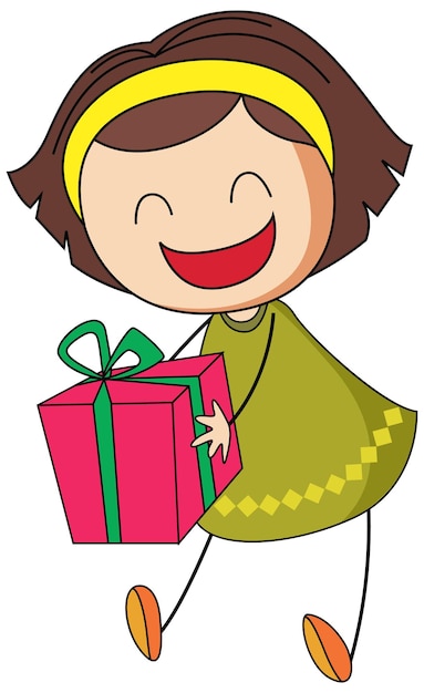 A doodle kid holding a gift box cartoon character isolated