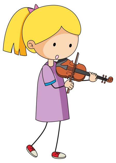 Каракули ребенок играет на скрипке мультипликационный персонаж изолирован