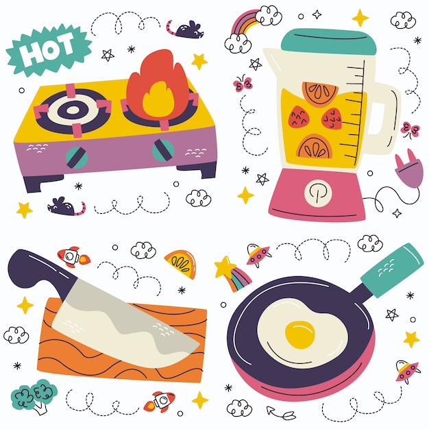 Vettore gratuito collezione di adesivi per utensili da cucina doodle