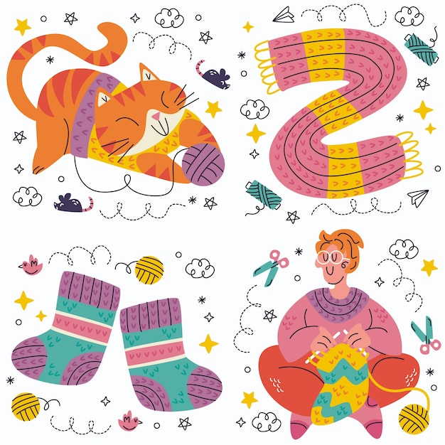 Free vector doodle knitting stickers collection